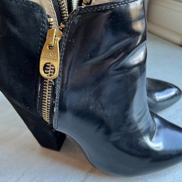 Zara Trafaluc black Leather suede zip-up ankle booties EU 37 gold hardware - Picture 3 of 10